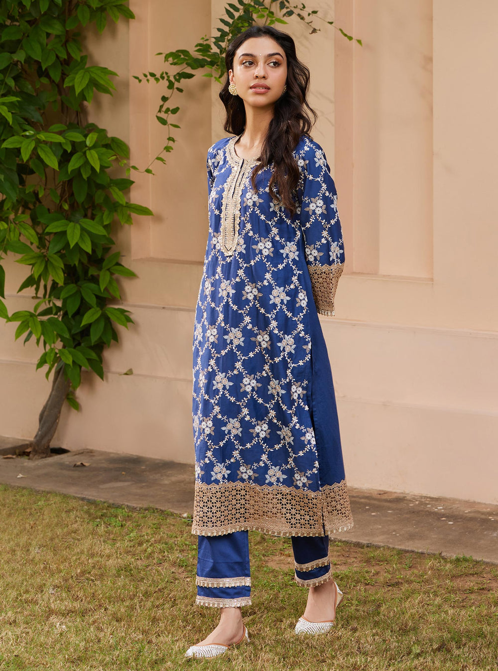 Mulmul Pima Satin Keiko Kurta Navy